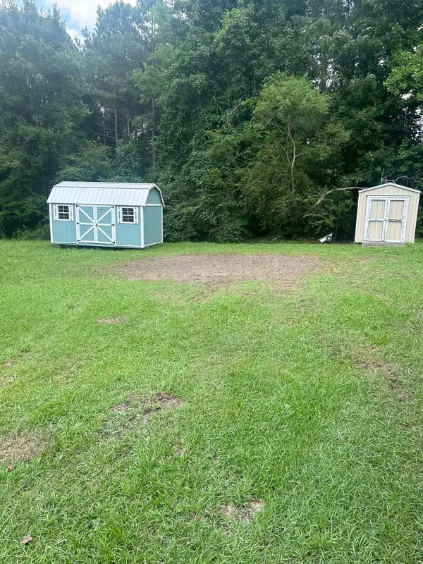 Even backyard lawn with two sheds