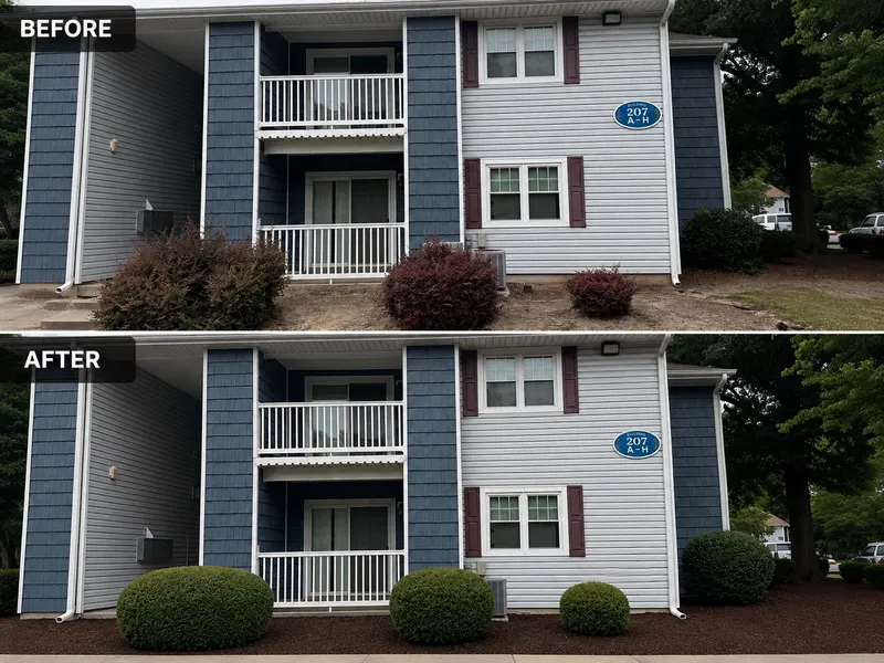 Before and after: overgrown shrubs cut back and beds re-mulched along a building