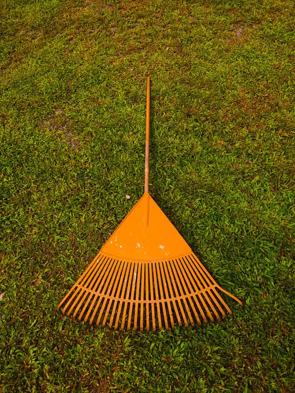 Orange leaf rake lying on a lawn (representative photo)